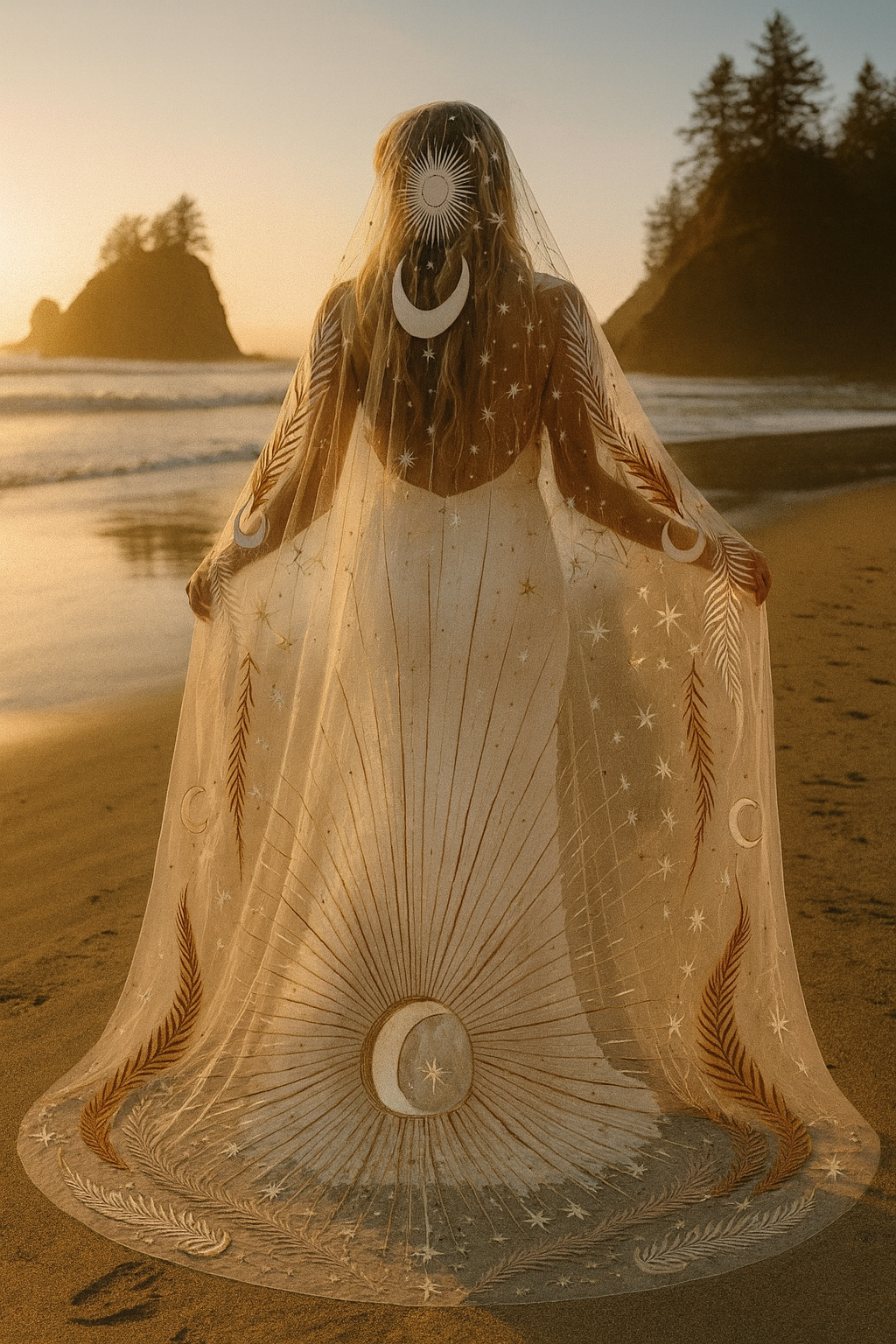 The Desert Rose veil at the shoreline, the gold sun and moon medallion centered on the train