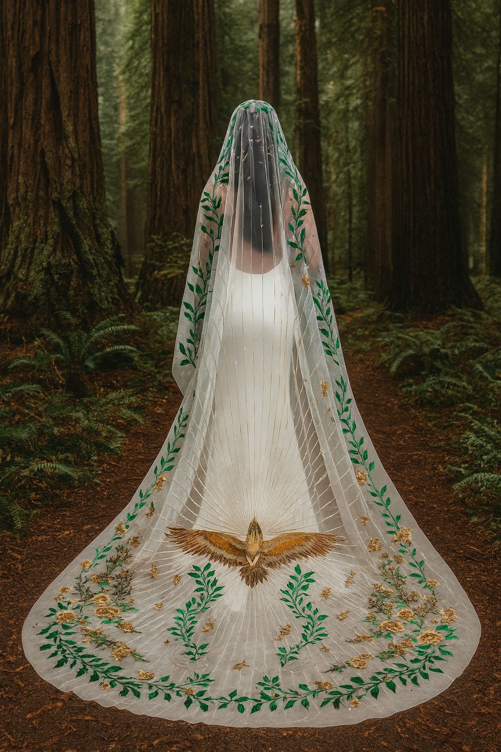 The Rue de Seine Mountain Song veil spread across the forest floor in the redwoods, the gold embroidered bird at its center surrounded by green leaves and gold flowers