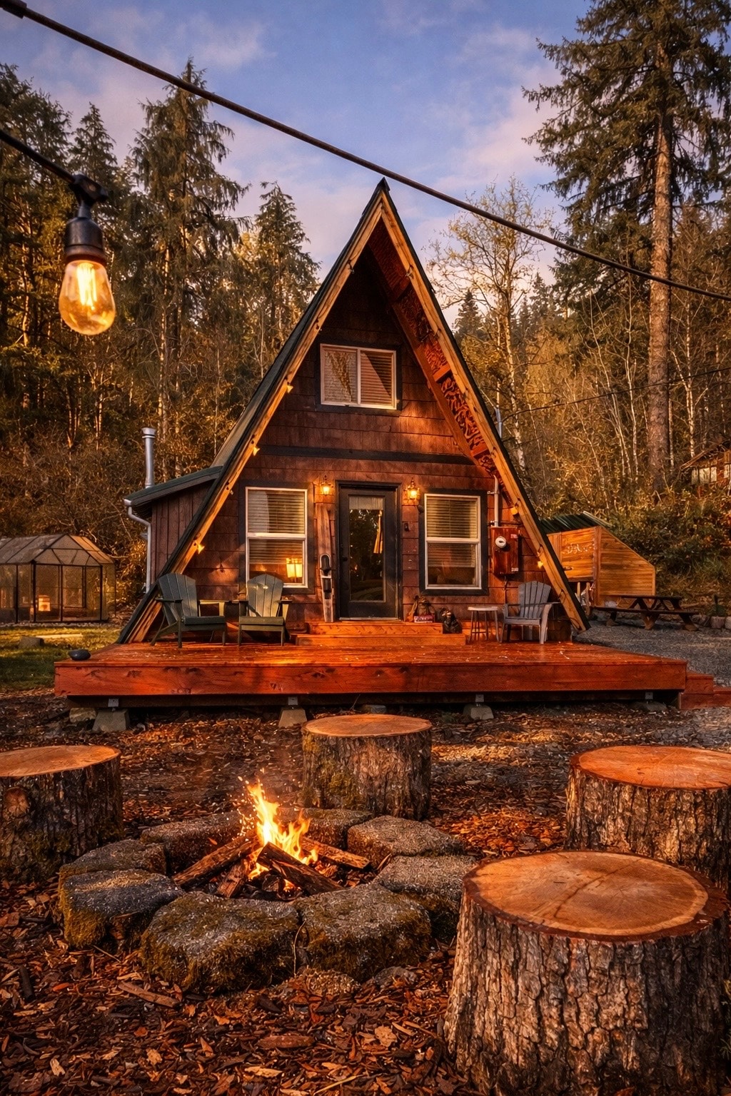 That PNW Cabin A-frame lit at dusk with a fire burning in the stump ring out front and string lights overhead